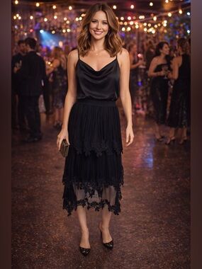 ULTRA PINK - gorgeous black floral lace embellished, 3-tier layer skirt. Large